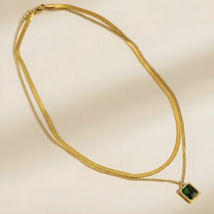 Gold Plated anti-tarnish Double Chain Green Stone Pendant